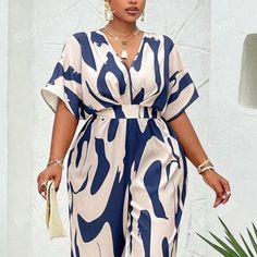 Women’s Jumpsuit, V Neck, Banded At Waist, Polyester/Rayon (Not Recommended For The Tall Woman) Colorful Jumpsuit, Plus Size Jumpsuit, Navy Blue Color, Tall Women, Plus Size Kleidung, Batwing Sleeve, Autumn Summer, Geometric Print, Plus Clothing