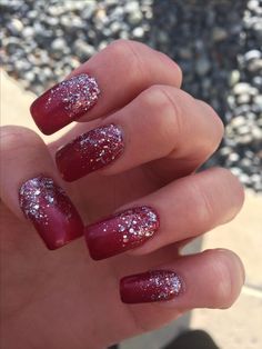 Red Sparkly Nails, Red And Silver Nails, Pink Holographic Nails, Prom Nails Red, Red Nails Glitter, Red Gel Nails, Silver Glitter Nails, Maroon Nails