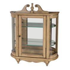 a wooden display case with glass shelves on the top and bottom shelf, in an antique style