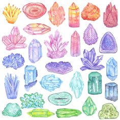 a set of different crystals and rocks on a white background, watercolor illustration in hand drawn style