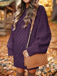 Effortless Style Fall, Oversized Cable Knit Sweater, Baggy Sweater, Baggy Sweaters, Sweater Dress Oversized, Cable Knit Sweater Dress, Rich Purple, Loose Pullover