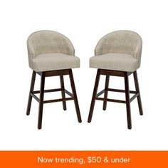 two upholstered barstools with the words now trending, $ 50 & under