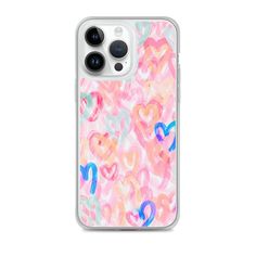 an iphone case with hearts painted in pink, blue and orange on the back cover