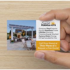 Back side of a personalized business card for Area Reps to advertise Sunset Pergola Kits Vinyl Exterior, Aluminum Pergola, Standard Business Card Size, Pergola Kits, Business Card Size, Phone Numbers, Personal Cards, Card Sizes, Business Cards