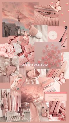 a collage of pink and white items with the words aesthetic written on one side