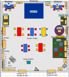 the floor plan for an office with several different colors and shapes, including blue, green,