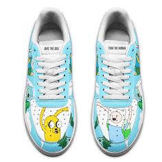 Jake and Finn Air Sneakers Custom Adventure Time Shoes All of our Air Sneakers styles are custom-made-to-order and handcrafted to the highest quality standards. High-quality rubber sole for traction and exceptional durability Lace-up closure for a snug fit. Material: Microfibre leather: chemical & abrasion resistance, anti-crease, aging resistance Please allow 7-10 business days to receive a tracking number while your order is hand-crafted, packaged and shipped from our facility. Adventure Time Shoes, Jake And Finn, Shoes Air Force, Adventure Time Princesses, Winnie The Pooh Cartoon, Air Force 1 Shoes, Air Sneakers, Youthful Style, Shoes Air