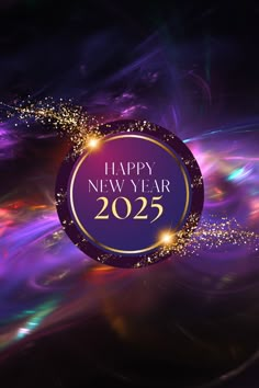 a happy new year badge with sparkles in the air and on top of an abstract background