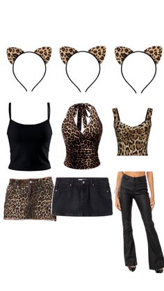 four pieces of clothing including leopard print and high waisted black jeans, one with an open back top