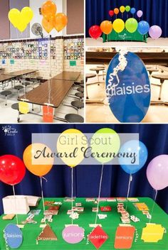 balloons and table decorations at an award ceremony for girls scouts in the united states are displayed