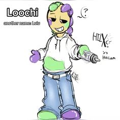 a drawing of a cartoon character with purple hair and green eyes holding a screwdriver