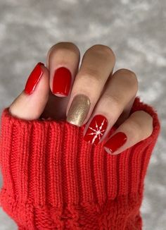 Please include your sizes or measurements in the notes section at checkout!  Design as shown, with your shape and finish preference!  Sizing is the customers responsibility. We are not responsible for incorrect sizing. For the most accurate way to size your nails, I suggest ordering the sizing kit!  Sizing kits are required for all shapes! Red Christmas Nails With Gold, Red Nails With Gold Accent Nail, Nail Colors For Christmas 2024, Christmas Fingernail Art, Short Christmas Gel Nail Designs, Red White Gold Christmas Nails, Hard Gel Christmas Nails, Simple Christmas Nails Solid Color, Xmas Red Nails Christmas Design