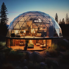 a large glass dome house sitting on top of a lush green forest covered hillside at night