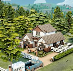 an artist's rendering of a farm house in the middle of a wooded area