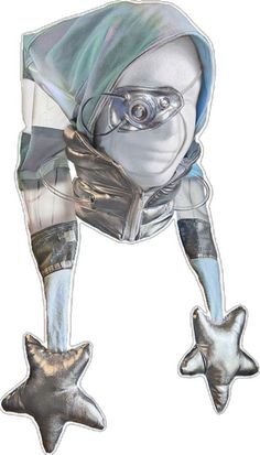 an image of a person in space suit with stars on his feet and head tilted to the side