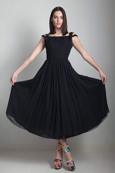 50s black party dress flowy vintage tea length pleated full skirt off the shoulder SMALL S Black Full Skirt Evening Dress For Gala, Black Evening Dress With Full Skirt For Gala, Black 1950s Style Wedding Dress, Chiffon Party Dress With Full Skirt, Summer Party Tea Length Dress With Pleated Bodice, Summer Gala Tea-length Evening Dress, 1950s Style Evening Dresses For Summer, Black Chiffon Evening Dress For Summer, Tea Length Pleated Bodice Evening Dress