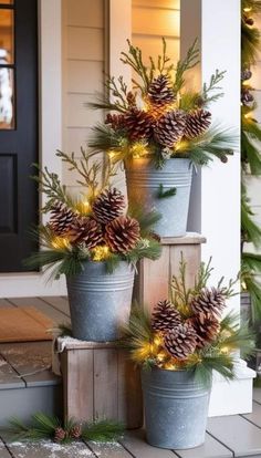 three potted plants with pine cones and lights in them on the front porch for christmas