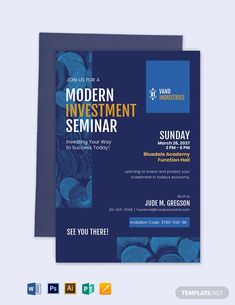 a modern investment seminar flyer with blue and yellow details on the front, and an image of