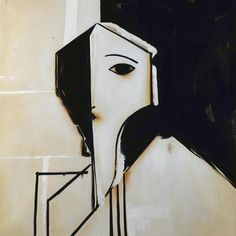 a black and white drawing of a woman's face with an abstract design on it