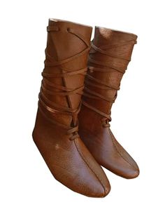 a pair of brown leather boots with laces on the side and one shoe in the middle