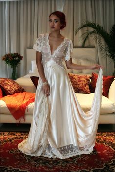 Amelia Satin Bridal Nightgown Embroidered Lace by SarafinaDreams Bridal Kimono Robe, Wedding Nightgown, Pic Inspiration, Satin Bridal Gowns, Bridal Kimono, Wedding Pic