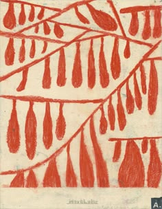 an orange and white drawing on paper with red lines in the center, as well as drops