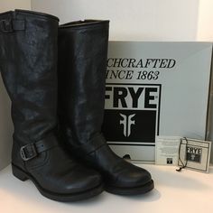 Frye Veronica Slouch Boot, Black. Size 8.5m. 1-1/4" Heel. 15-1/2" Calf Circumference. Pull On Style,Rounded Closed Toe,Block/Chunky Heel,Antiqued Brass Buckles. Natural Hide Variations & Markings Contribute To Custom Look Of Each Boot. In Hot/Humid Weather, Natural Leather May Release Protective, Waxy Coating; Simply Wipe Off With Damp Cloth. Calf Leather Upper/Leather Lining/Rubber Sole. Great Pre-Owned Condition. Worn Maybe 2 Times. If Condition Of Boots Concerns You, Please Don’t Purchase. Frye Veronica, Humid Weather, Slouched Boots, Brass Buckle, Chunky Heel, In Hot, Natural Leather, Shoes Heels Boots, Verona