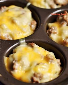 four muffin tins filled with cheese and meat