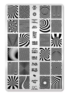 a poster with black and white swirls on the front, in different sizes and colors