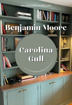 the bookshelf is painted blue and has an image of carolina gulf on it