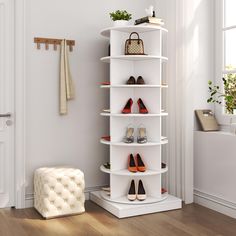 there is a white shelf with shoes on it