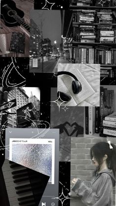 a collage of black and white images with music notes, books, and an electronic keyboard