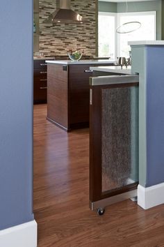 a kitchen with blue walls and wooden floors