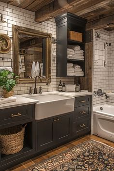 a bathroom with two sinks and a bathtub next to a rug on the floor