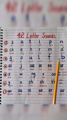 a notebook with the words 42 letter sounds written on it and a pencil sticking out