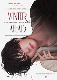 a woman is laying down with her head resting on the back of a chair, in front of a poster for winter ahead