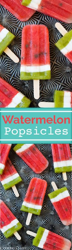 watermelon popsicles on a plate with text overlay that reads watermelon popsicles