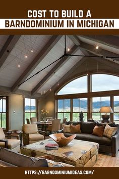 a living room filled with lots of furniture next to large windows on top of a wooden floor