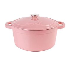 a pink casserole dish with a lid and handle on the side, sitting against a white background