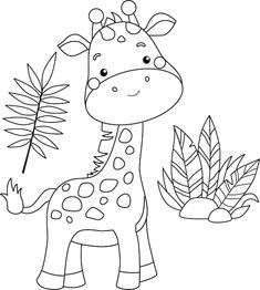 a cartoon giraffe standing next to some plants