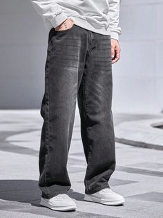 Plus Size Men's Casual Straight Leg Pockets Jeans, Comfortable And Trendy Streetwear Dark Grey    Denim Plain Wide Leg Non-Stretch  Men Plus Size Clothing, size features are:Bust: ,Length: ,Sleeve Length: Black Grey Pants Outfit, Jeans Pant Outfit, Black Washed Jeans Outfit Men, Black Denim Jeans Outfit Men, Black Denim Pants Outfit Men, Mens Grey Jeans Outfit, Grey Jeans Outfit Men Streetwear, Dark Grey Pants Outfit Men, Dark Grey Jeans Outfit Men