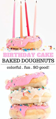 birthday cake doughnuts with pink frosting and sprinkles are stacked on top of each other