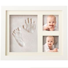 a baby's hand and foot prints in a white frame