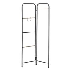 a black metal rack with two hooks on the top and one hanging from it's side