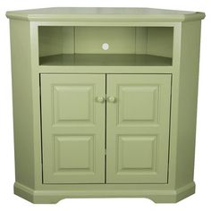 a green cabinet with two doors on the front and one door open to reveal a shelf