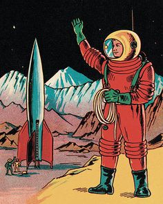 an astronaut standing on top of a mountain with his hand up in the air and holding a