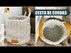 the basket is made from rope and has an orange handle on it's side