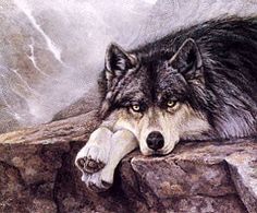 a painting of a wolf laying on top of a stone wall with his paw resting on the rock