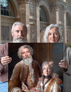 three different pictures of people with long white hair and beards, one is older than the other