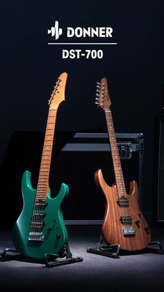 two electric guitars sitting next to each other in front of a black background with the words donner dst - 700